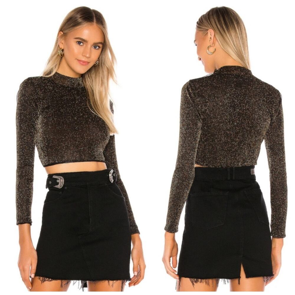 Lovers + Friends Riya Top size M Black Gold Glitter Sheer Mesh Cropped